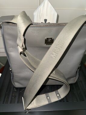 MCM Gray Embossed Canvas Messenger Bag with Adjustable Strap